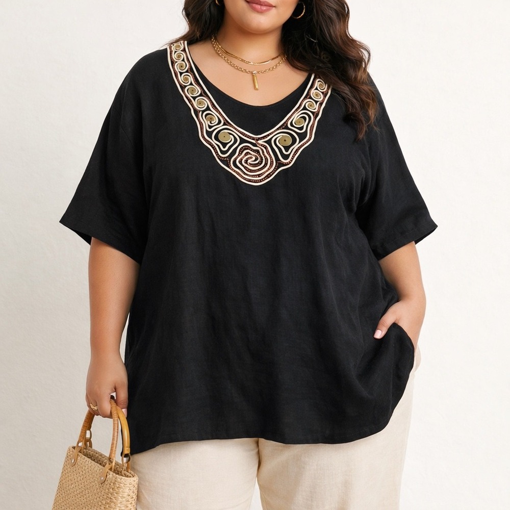 Michael Kors Women's 1X Black Linen Blend‎ Beaded Embroidered V-Neck Top Blouse